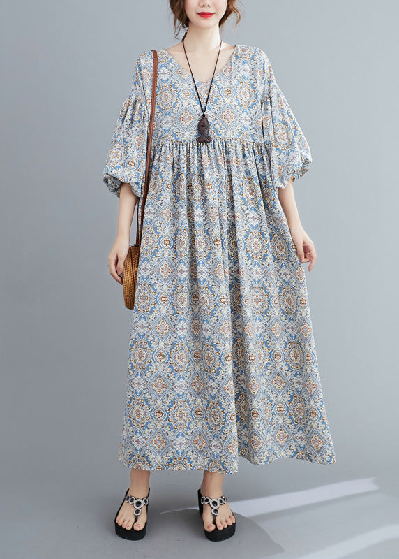 Light Blue Print Wrinkled Long Dresses Lantern Sleeve