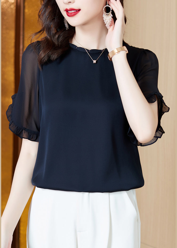 Boutique Navy O-neck Ruffled Chiffon Shirt Summer
