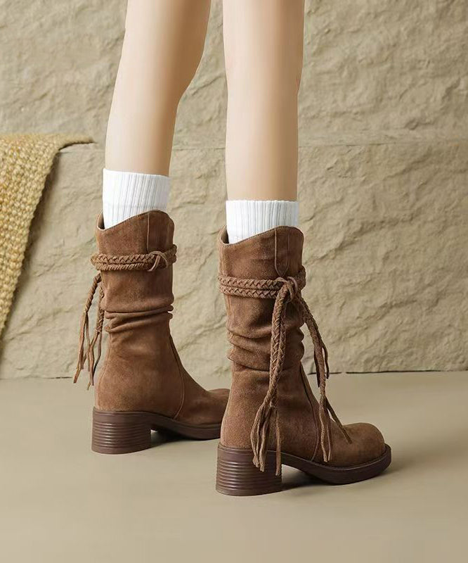 Brown Chunky Suede Tassel Splicing Cowboy Boots