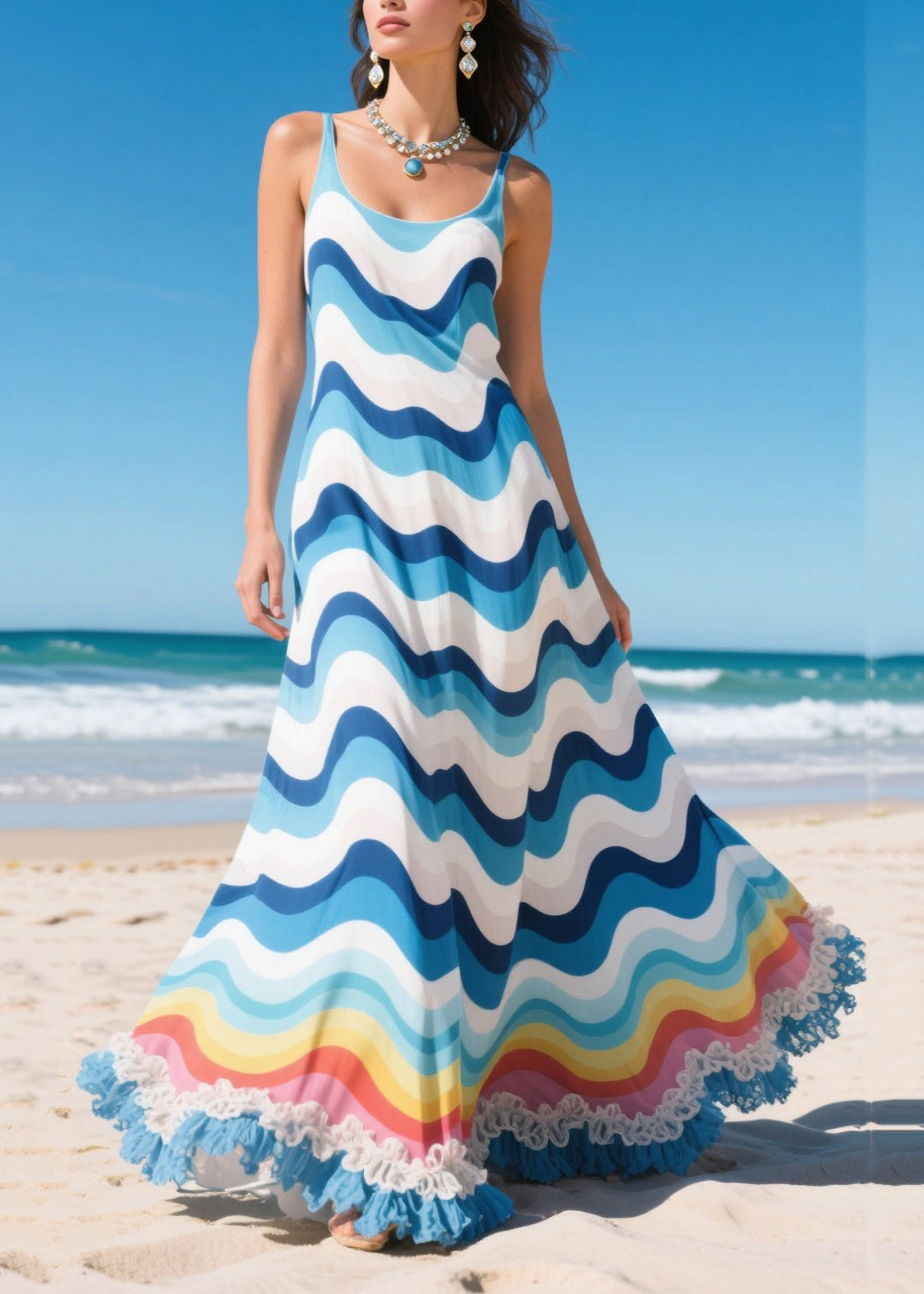 Blue Striped Ruffled Chiffon Holiday Dresses Summer