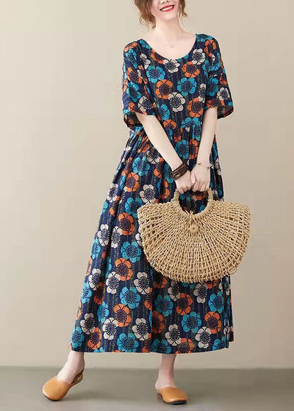 Blue O-neck Print Summer Party Dress Half Sleeve