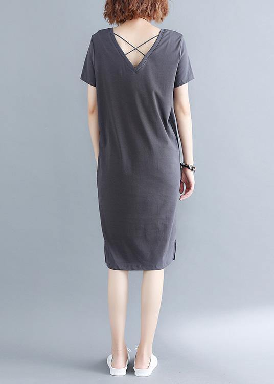 Grey V Neck Vacation Summer Cotton Dress