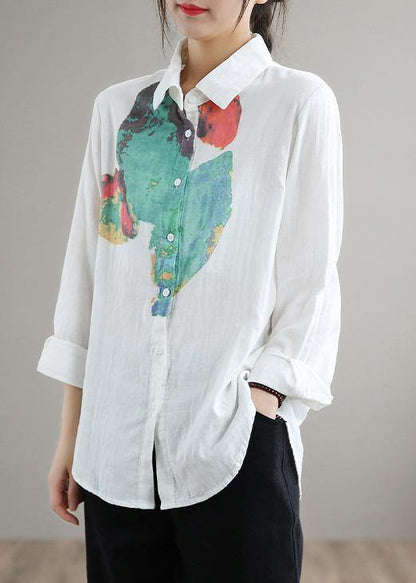 Modern Green Print Blouse Lapel Cinched Tunic Spring Shirts