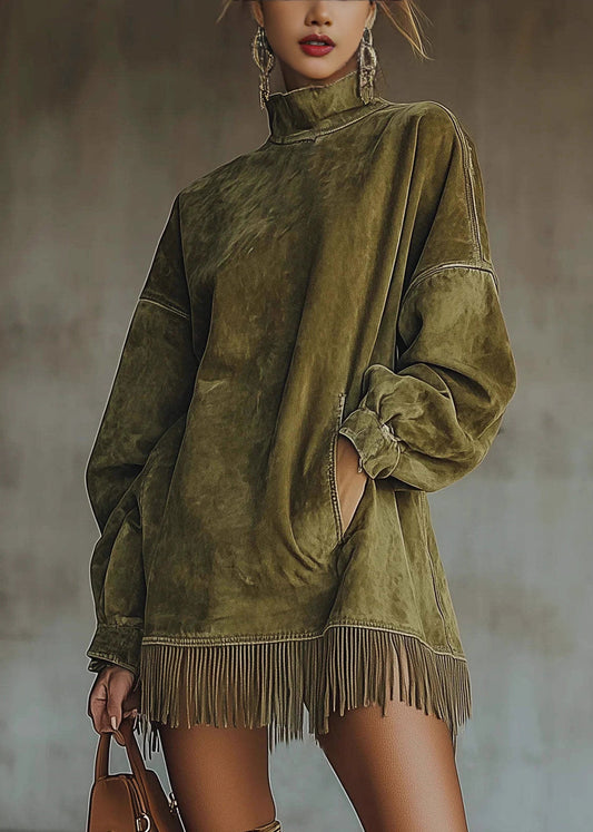 Loose Green Tasseled Pockets Faux Suede Mid Dress Spring