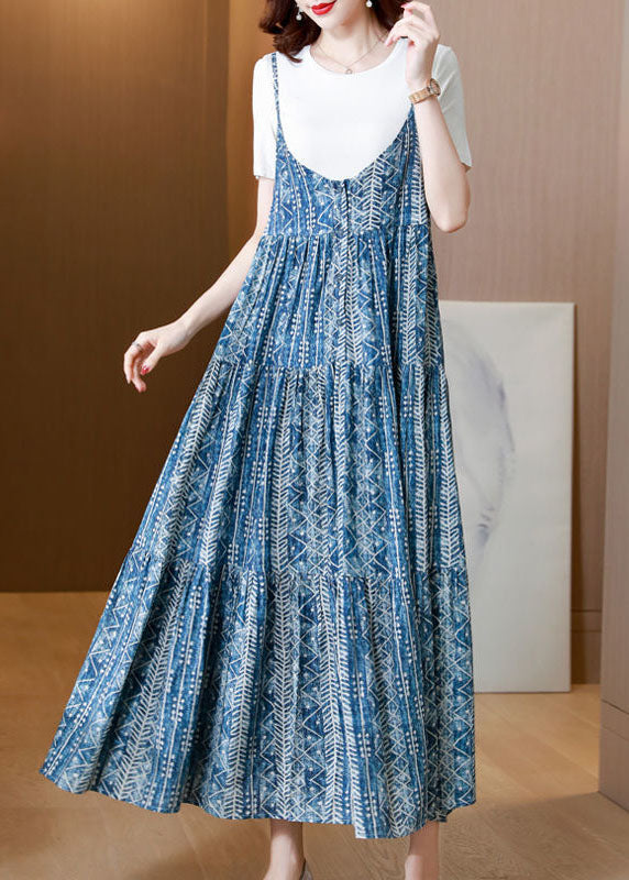 Blue Print Patchwork Exra Large Hem Cotton Spaghetti Strap Dress Two Piece Set Summer