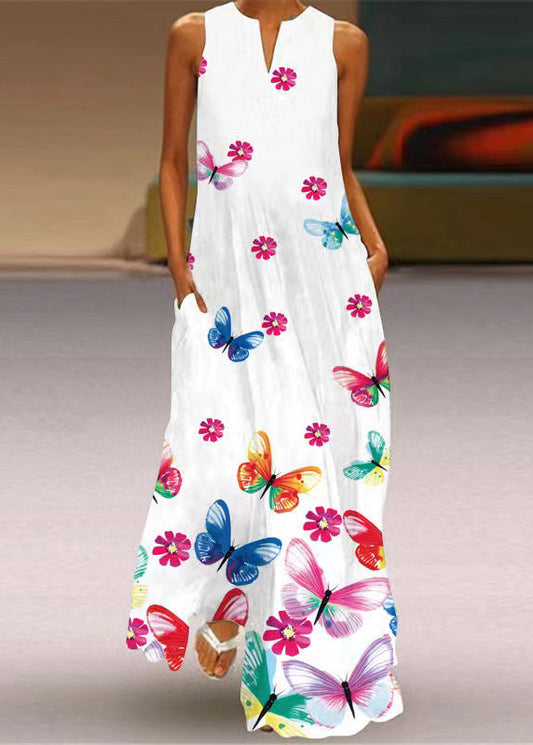 Unique White O-neck Print Maxi Dresses Sleeveless