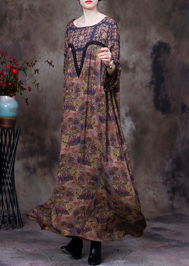 Coffee O-neck Lace Patchwork Print Silk Dresses Long Sleeve