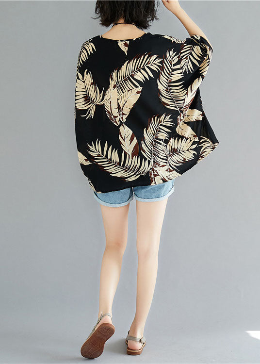 Boutique Black O-neck Print Asymmetrical Design Fall Half Sleeve Blouse Top