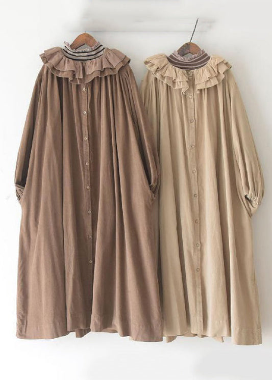 Khaki Ruffled Button Corduroy Long Dresses Spring