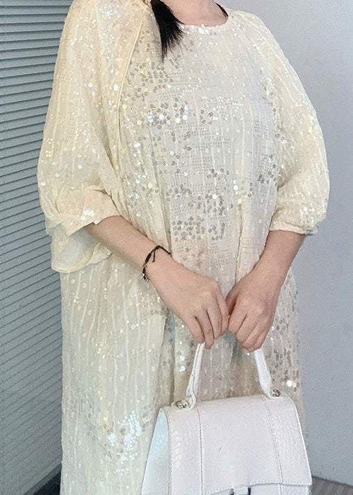 New Apricot O-neck Sequins Patchwork Dresses Summer