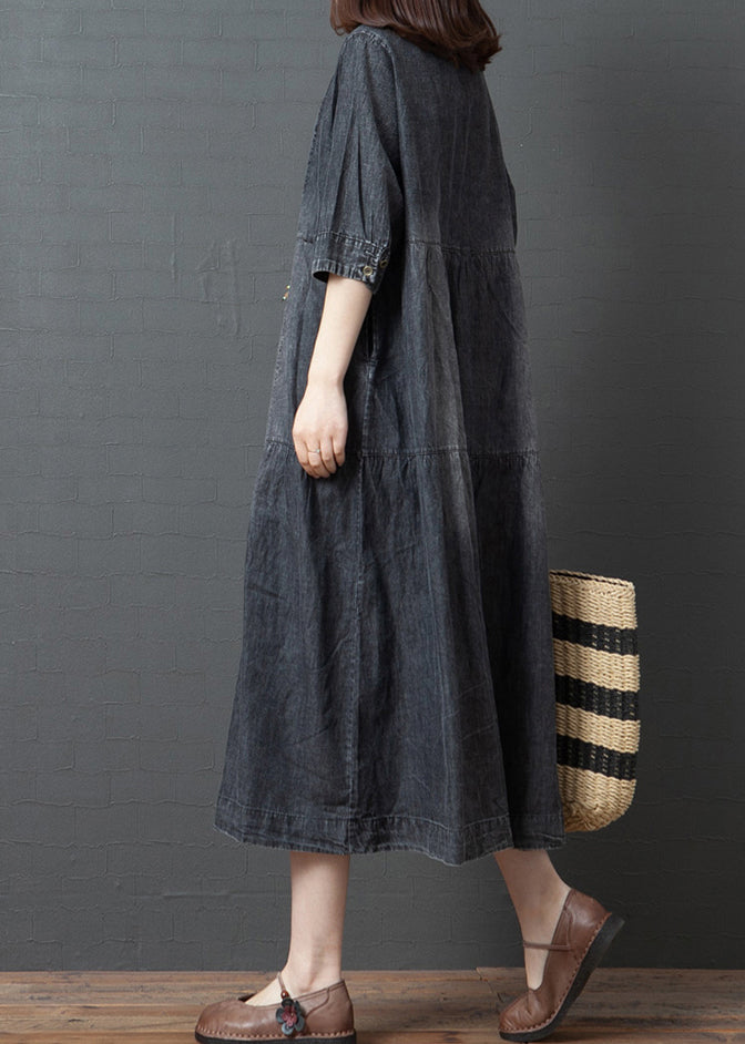 Black V Neck Cotton Denim Holiday Dress Half Sleeve