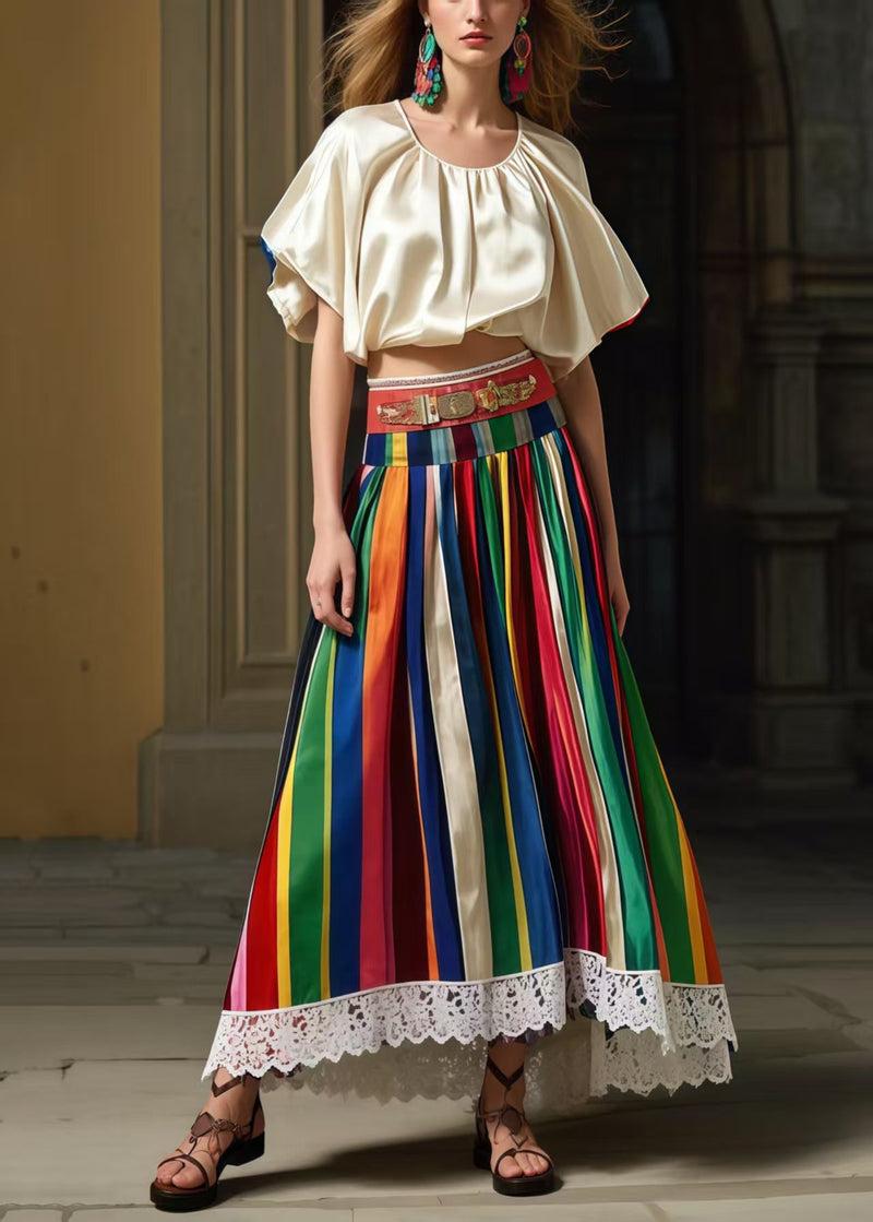 Multicolour Striped High Waist Patchwork Lace Skirts Summer
