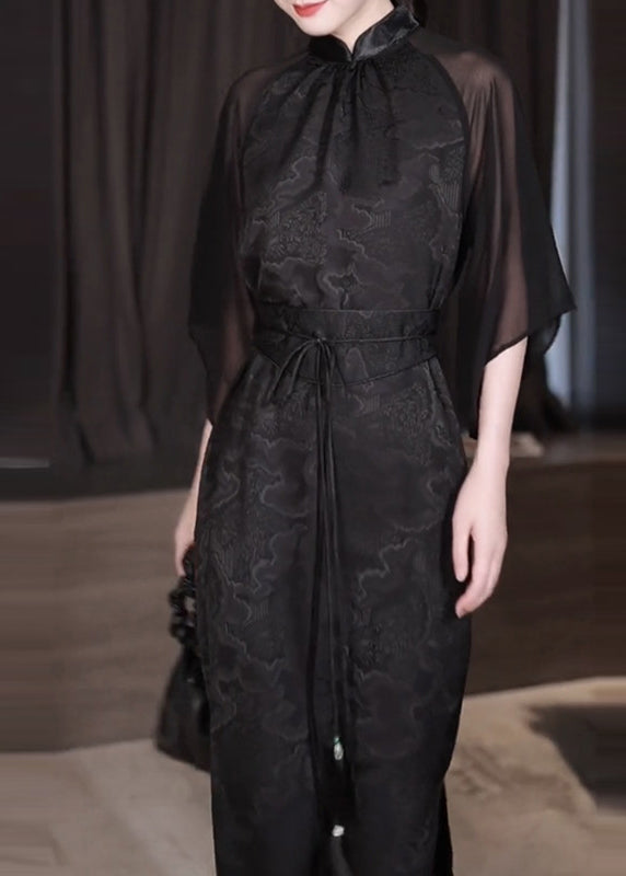 Black Stand Collar Jacquard Patchwork Silk Dresses Fall