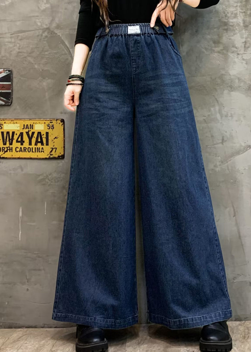 Blue Pockets Denim Wide Leg Pants Elastic Waist Fall
