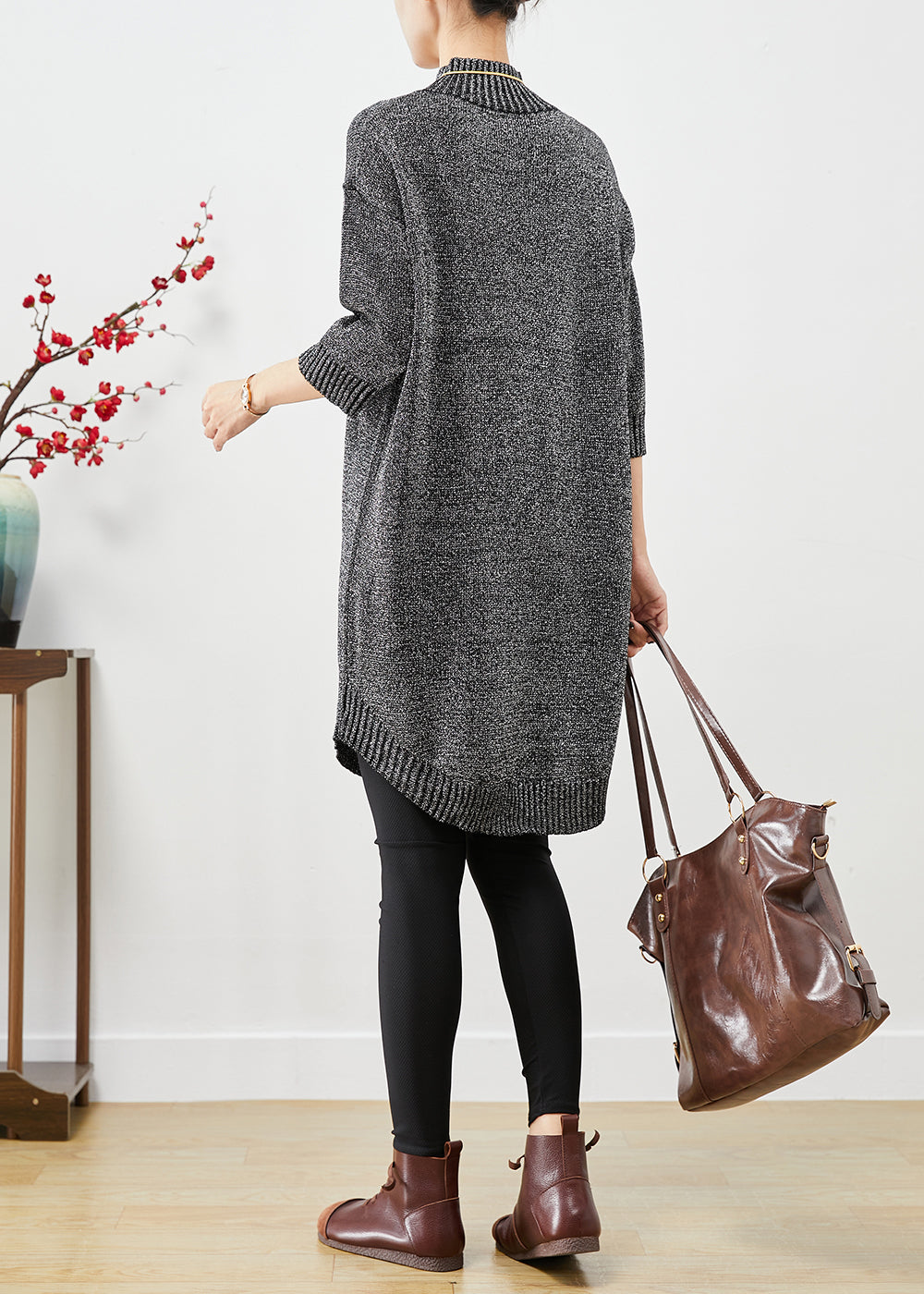 Grey Stand Collar Sequins Knit Sweater Dress Half Sleeve