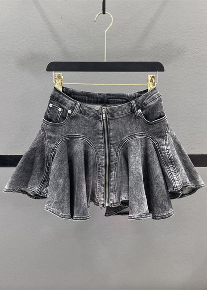 French Blue Ruffled Patchwork Denim Zippered Skirt Summer