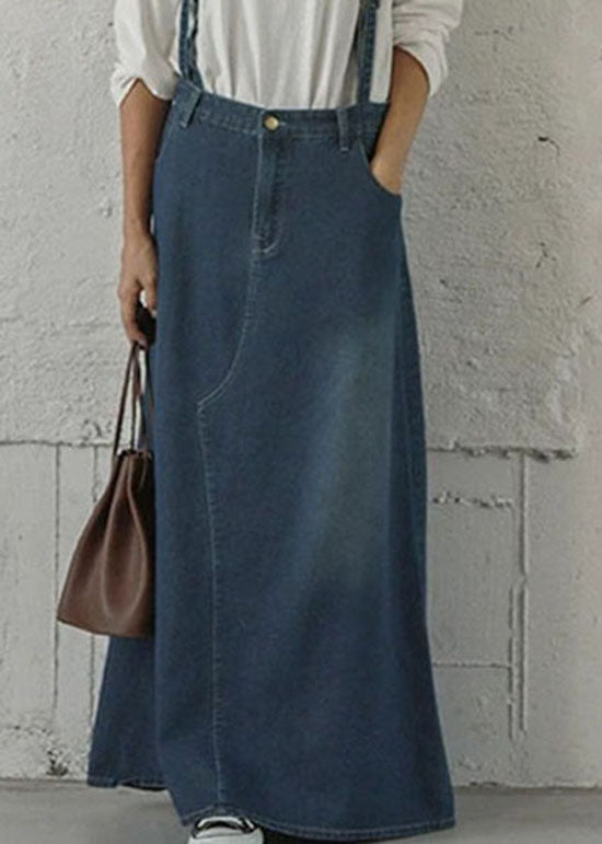 Blue Pockets Patchwork Denim Maxi Skirts Spring