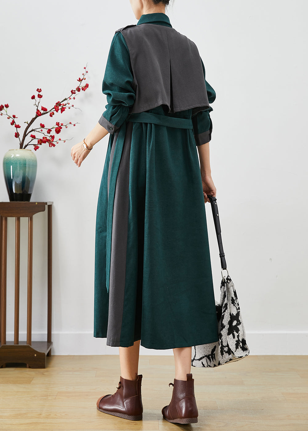 Green Peter Pan Collar Patchwork Cotton Two-piece Set Fall