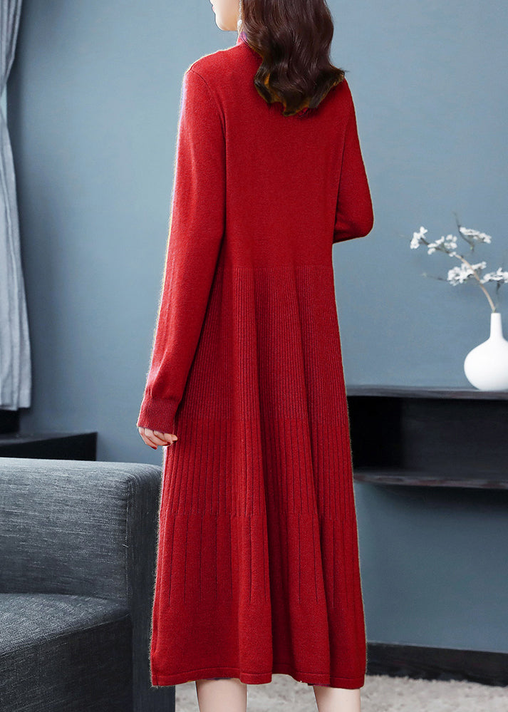 Black Patchwork Woolen Dress Embroideried Turtleneck Fall