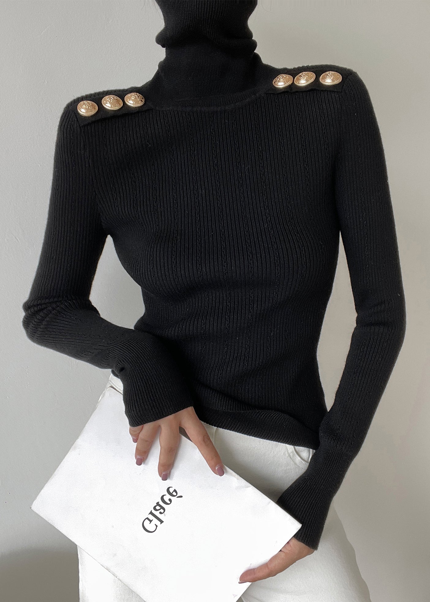 Black Hign Neck Patchwork Woolen Knit Sweaters Winter