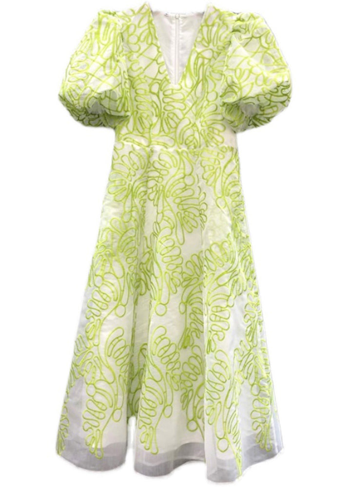 Green V Neck Embroidered Cotton Mid Dress Summer