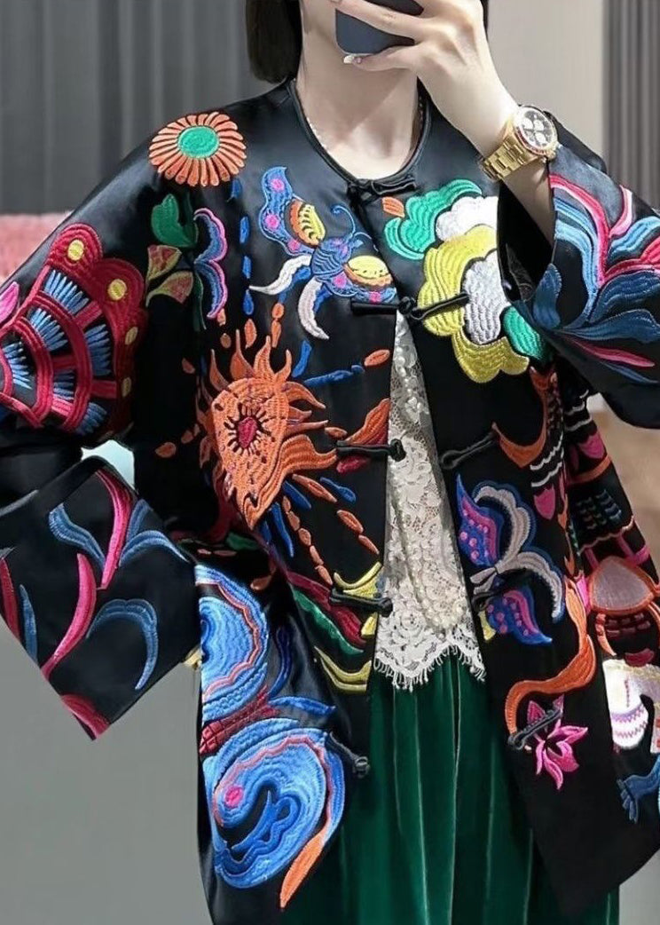 Chinese Style Black Print Button Silk Coats Spring