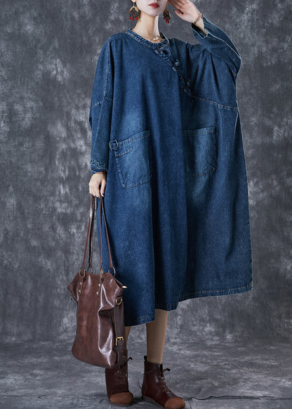 Navy Oversized Chinese Button Denim Maxi Dress Fall
