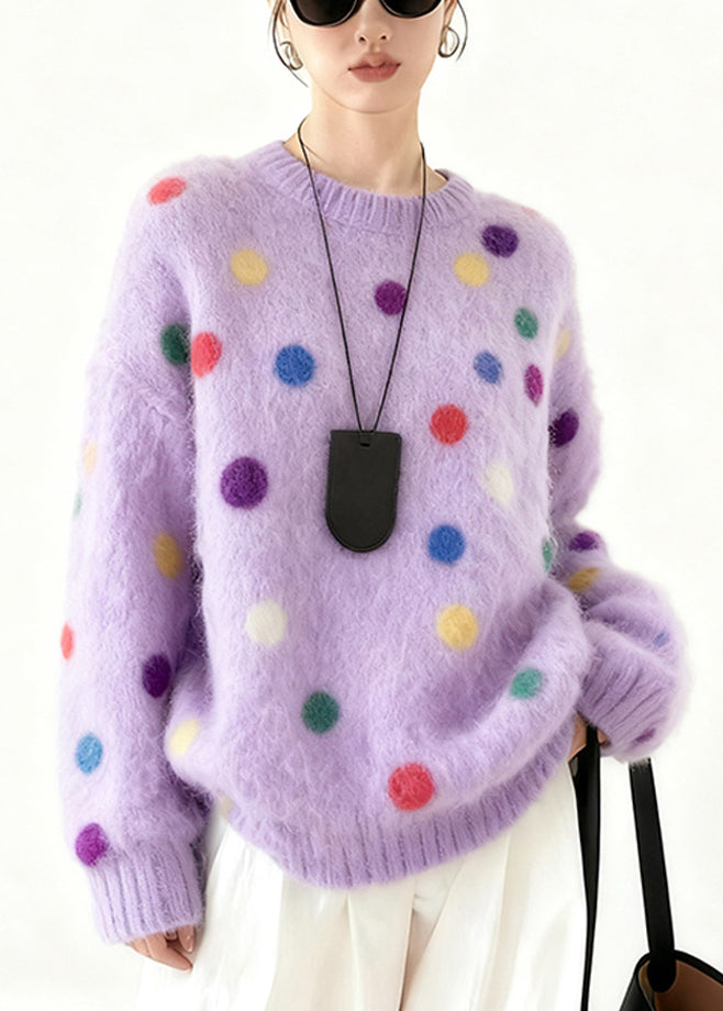 Purple Oversized Multicolour Dots Knit Sweater Tops Winter