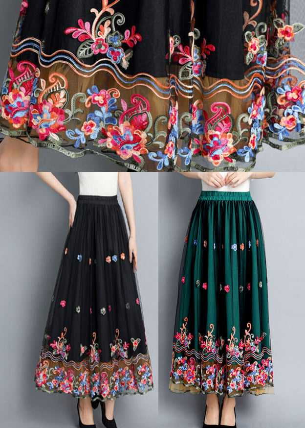 Green Embroideried Elastic Waist Tulle Skirts Summer