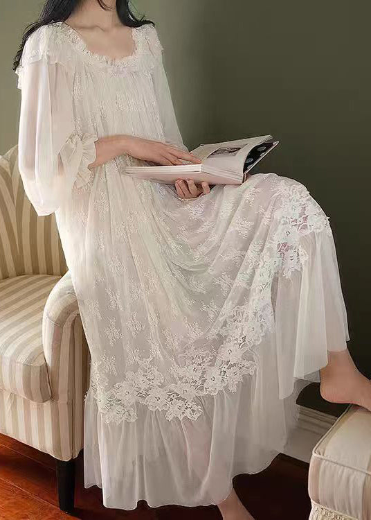 Novelty White Ruffled Lace Tulle Pajamas Long Dress Spring