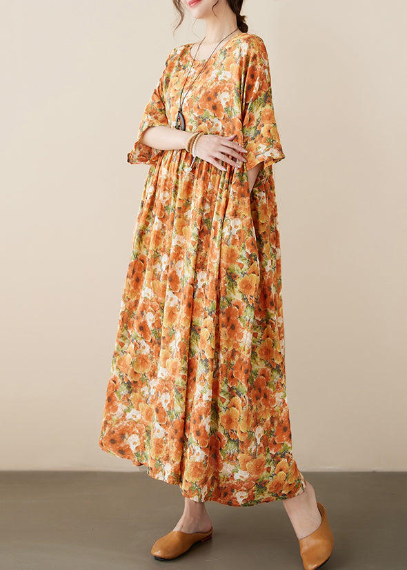 Orange O-neck Print Cozy Robe Dresses Summer