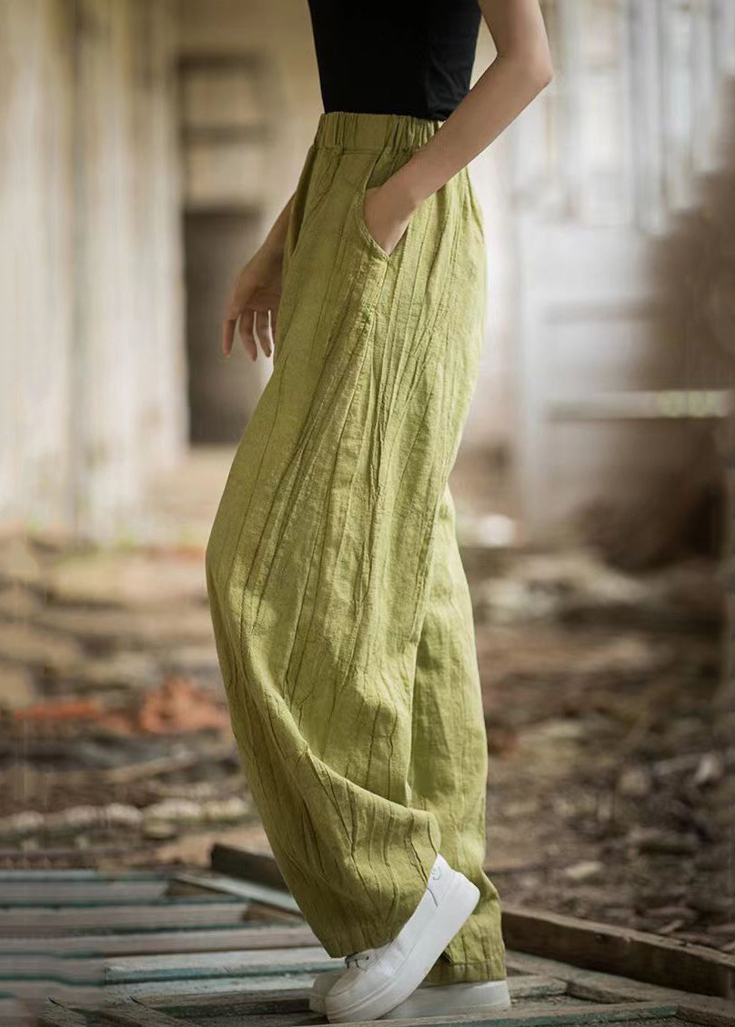 Green Pockets Elastic Waist Linen Pants Summer