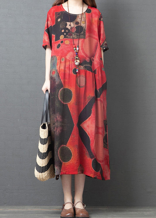 Red O-neck Print Cotton Beach Dress Short Sleeve