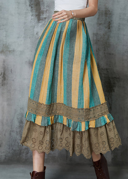 Green Striped Patchwork Linen Skirt Spring