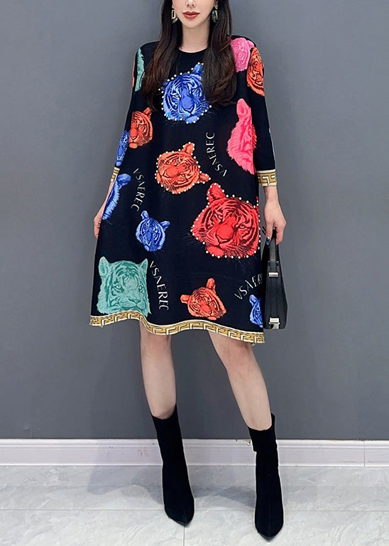 Black O Neck Print Cotton Mid Dress Spring