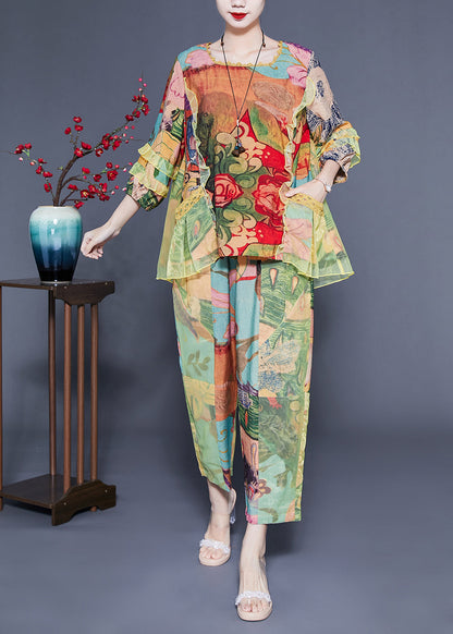 Light Green Ruffled Tulle Patchwork Print Silk Two Pieces Set Summer