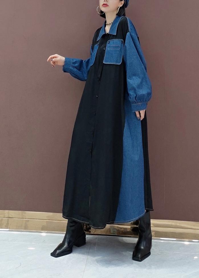 Simple Blue Dresses Lapel Patchwork Robe Spring Dress