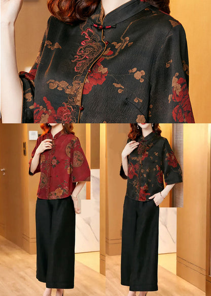 Fine Black Stand Collar Print Silk Two Piece Set Clothing Half Sleeve
