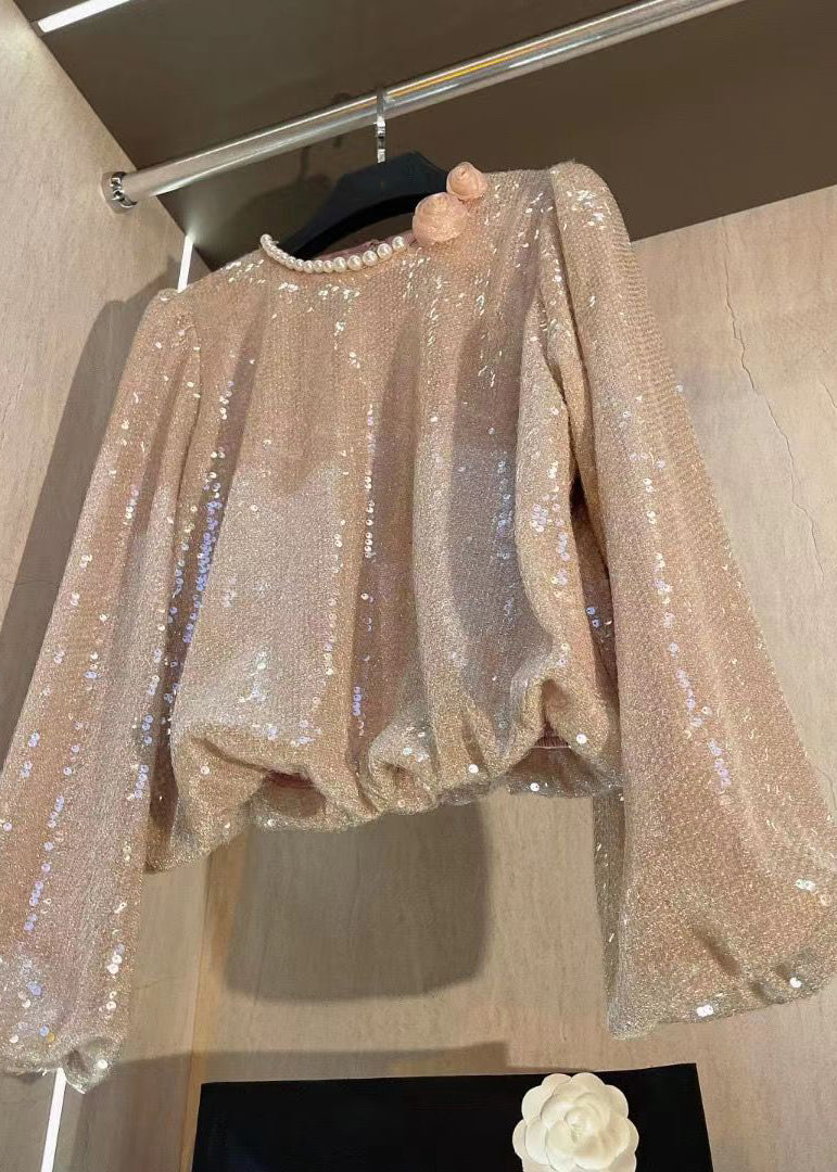 Pearl Embellished Lantern Sleeve Sequin Shirt Spring