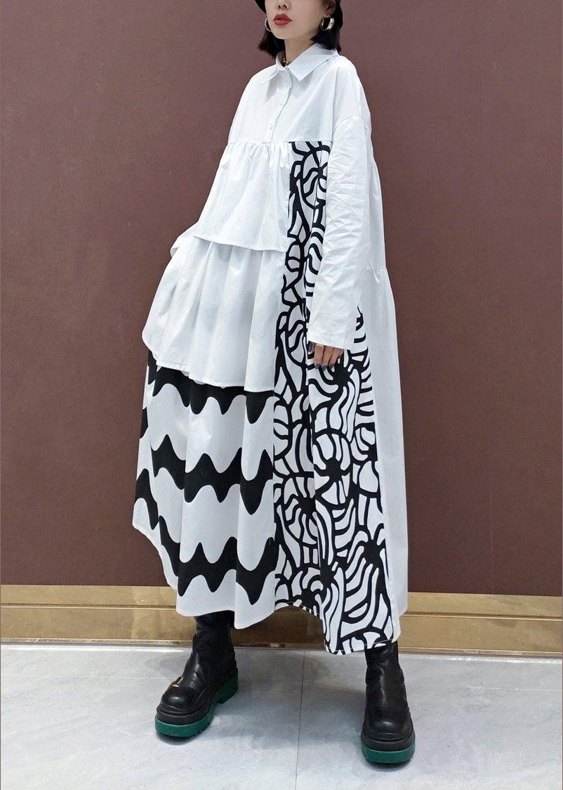 Handmade White Print Quilting Clothes Lapel Asymmetric Loose Spring Dresses
