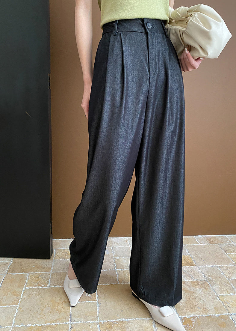 Black Pockets Cotton Wide Leg Pants Summer