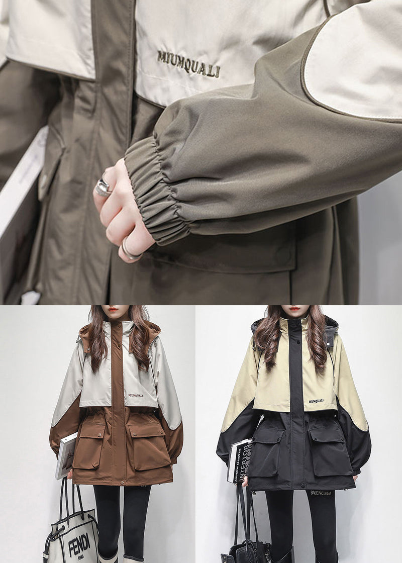Loose Coffee Hooded Pockets Patchwork Warm Fleece Coats Winter