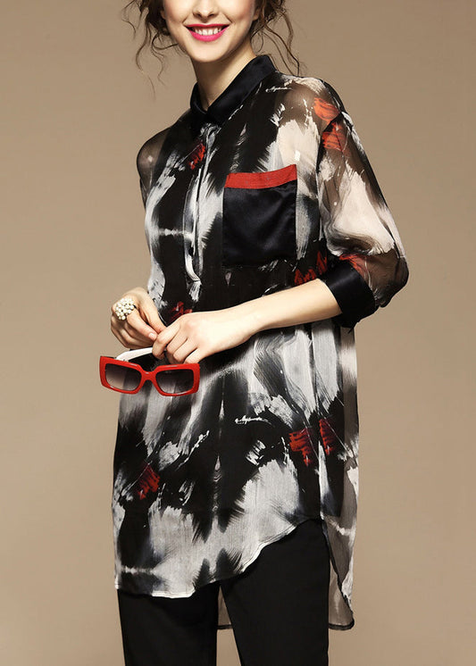 Stylish Peter Pan Collar Print Pockets Blouse Bracelet Sleeve Fall