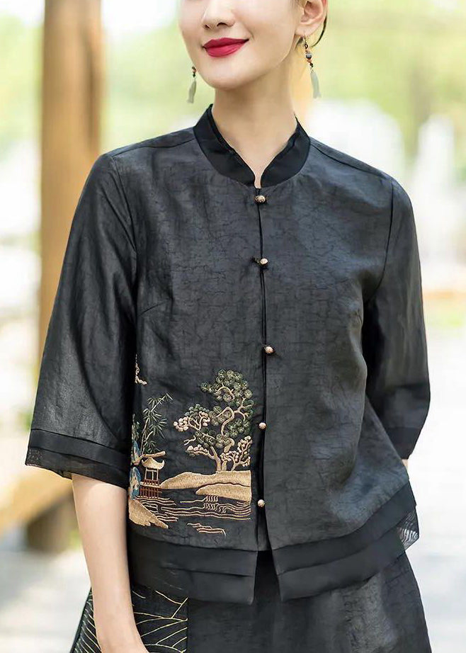 Original Design Black Stand Collar Embroideried Patchwork Silk Top Half Sleeve