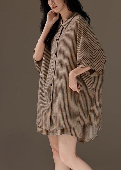 French Khaki Oversized Striped Cotton Two-piece Set Summer