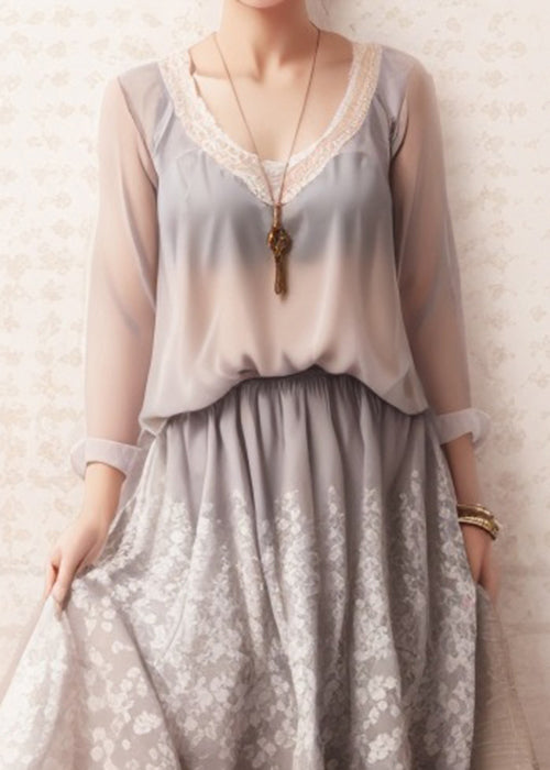 Art Grey Print High Waist Silk Dresses Long Sleeve