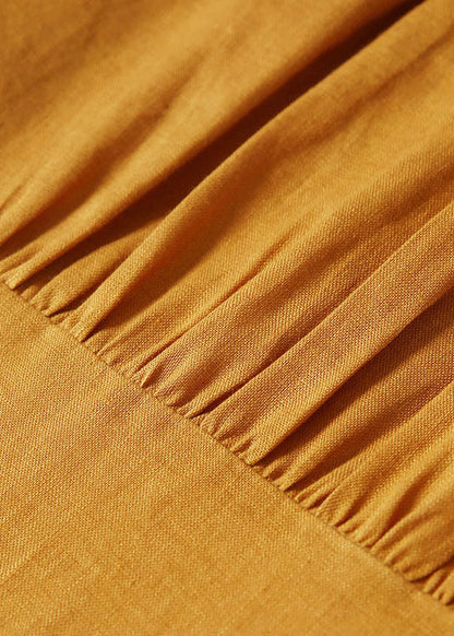 Art Yellow Peter Pan Collar Patchwork Wrinkled Linen Maxi Dresses Sleeveless