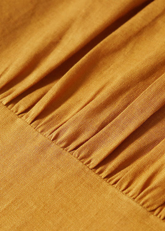 Art Yellow Peter Pan Collar Patchwork Wrinkled Linen Maxi Dresses Sleeveless
