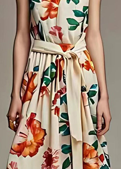 Beige V Neck Print Tie Waist Cotton Long Dresses Sleeveless