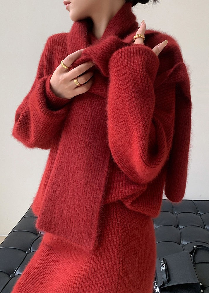 Red O-neck Patchwork Sweaters and Skirts Knit Two Pieces Set Fall